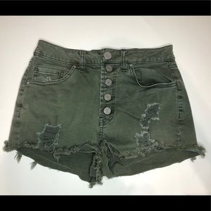 Olive Green Ripped Denim Shorts